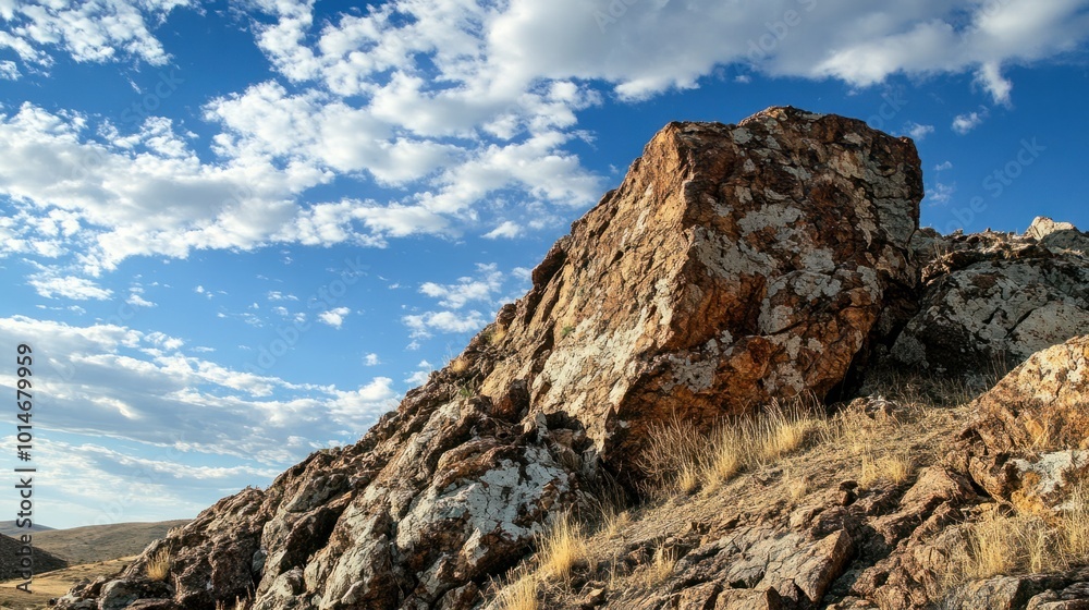 Rocky outcrop on a hilltop, with rugged terrain and sharp angles carved by nature Rocky outcrop on a hilltop, with rugged terrain and sharp angles carved by nature