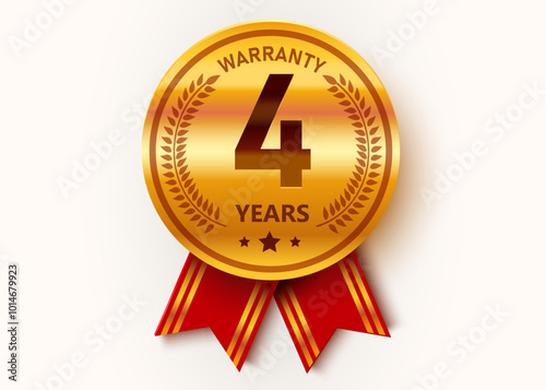 4 Years Warranty. Warranty Sign. Golden medal with ribbons.