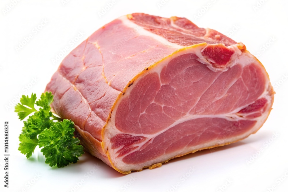 A piece of ham is sliced and displayed on a white background A piece of ham is sliced and displayed on a white background