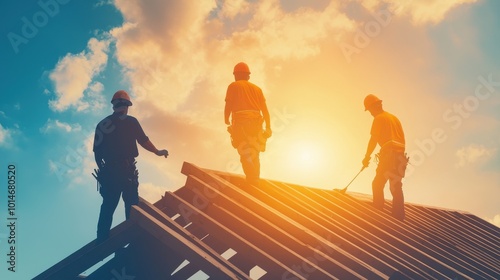 Workers silhouetted against a sunset, standing on a roof, highlighting construction and teamwork in a vibrant, outdoor setting.