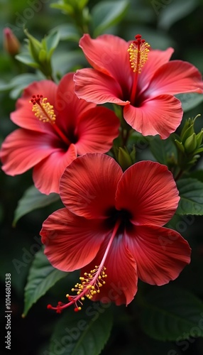 Bright red hibiscus flowers showcase intricate petals in flourishing garden. The lush greenery creates a vibrant backdrop for their beauty. Hibiscus is large genus of plants in Malvaceae family. AI