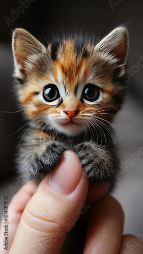 Colorful kitten with someone's fingertip standing on it. Very realistic macro shot. Bright colors. Natural light.
