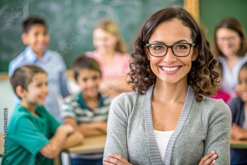 A teacher is smiling and posing for a picture with her students