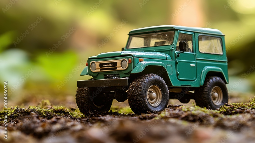 Scaled-down version of a dependable, classic toy SUV resting on an organic, earth-toned surface with ample room for text Scaled-down version of a dependable, classic toy SUV resting on an organic, earth-toned surface with ample room for text