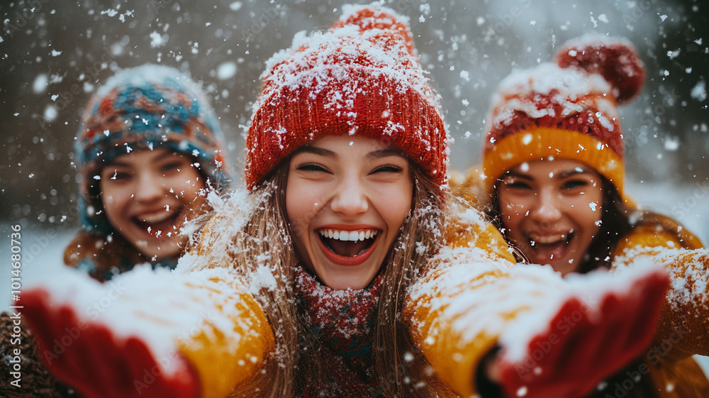 Friends playing snowballs and having fun outside in the winter weather.