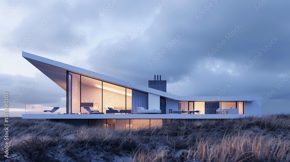 Obraz premium A modern house with a sleek design sits on a grassy hill. The house is made of white concrete and glass. The sky is a soft blue.
