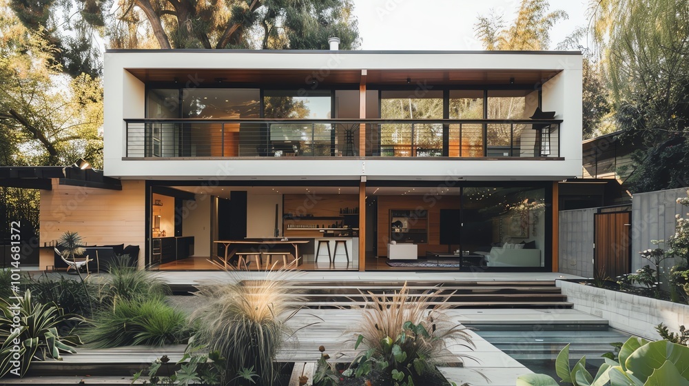 A modern home with a sleek design and a beautiful pool. The home is surrounded by lush greenery, creating a serene and inviting atmosphere. A modern home with a sleek design and a beautiful pool. The home is surrounded by lush greenery, creating a serene and inviting atmosphere.