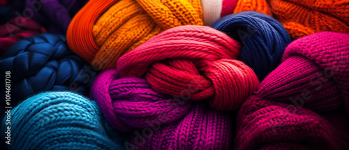 Vibrant assortment of colorful yarns tangled together, perfect for crafting projects. photo