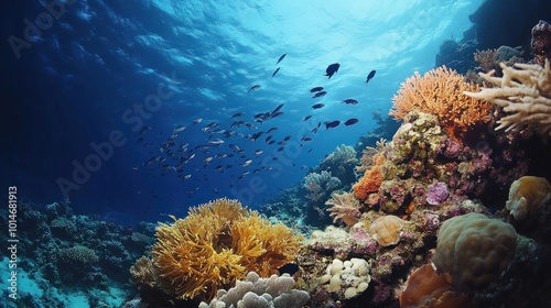 Schools of fish swimming through the vibrant coral reefs in the deep ocean