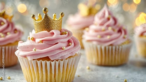 princess themed birthday party: pink cupcakes with golden crown and sprinkles on bokeh background photo