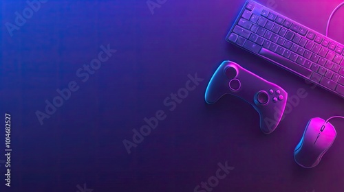 A white keyboard, a black mouse, and a black gamepad on a pink and blue gradient surface, creating a copy space for your text.