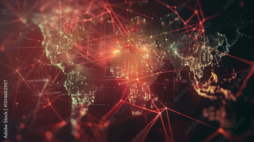 Digital world map with glowing red lines illustrating global network connections and data exchange. Digital world map with glowing red lines illustrating global network connections and data exchange.