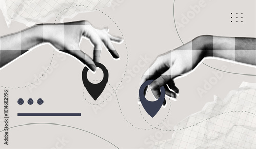 Trendy Halftone Collage with Hands and two pin location. Contemporary art with position element. Delivery route. Travel way and find trip. GPS point navigation. Transport logistic. Vector illustration