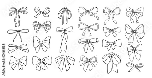 Sketch bow. Doodle gift ribbon. Hand drawn bow knots for greeting cards and holiday invitation, banner, poster. Decorative variety styles and shapes bows. Vector set