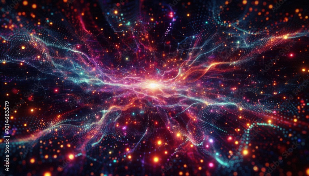 Naklejka premium A mesmerizing background filled with glowing particles swirling in neon colors, resembling a digital cosmos.