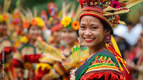 A young woman smiles brightly, her face adorned with traditional tribal markings.