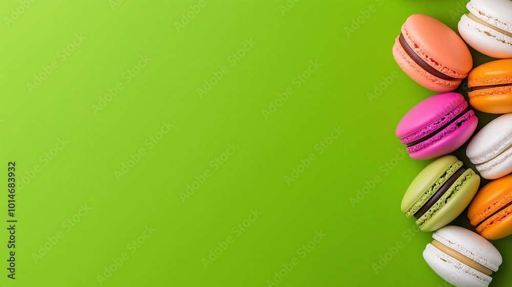 Row of pastries with different colors. The pastries are yellow, white, purple, and blue. colorful french macaroons on green background Row of pastries with different colors. The pastries are yellow, white, purple, and blue. colorful french macaroons on green background