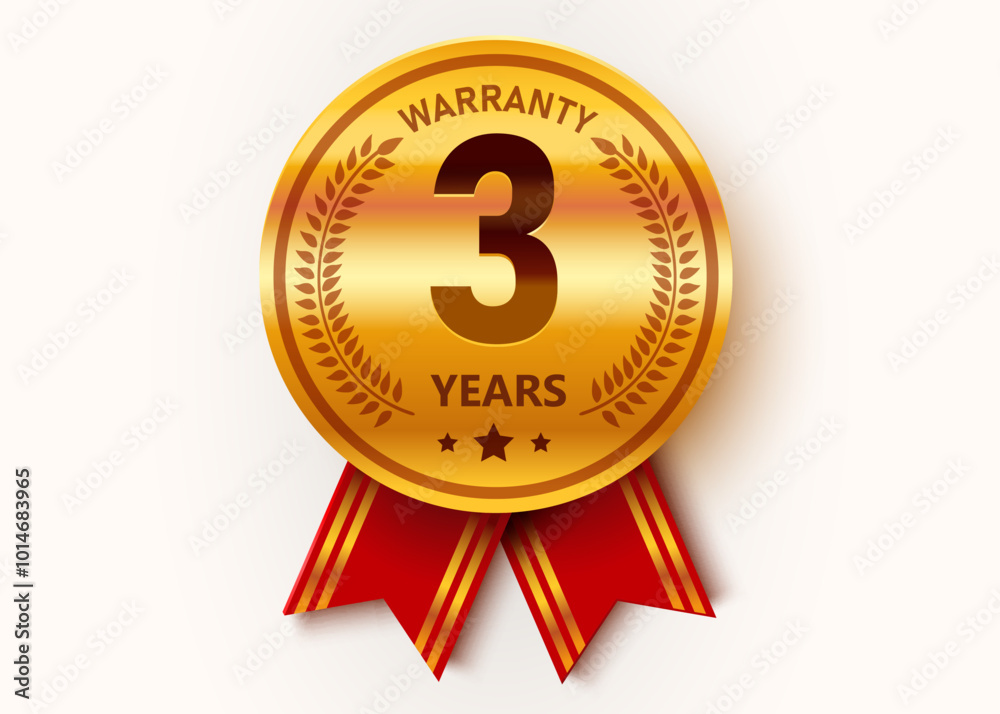 3 Years Warranty. Warranty Sign. Golden medal with ribbons. 3 Years Warranty. Warranty Sign. Golden medal with ribbons.