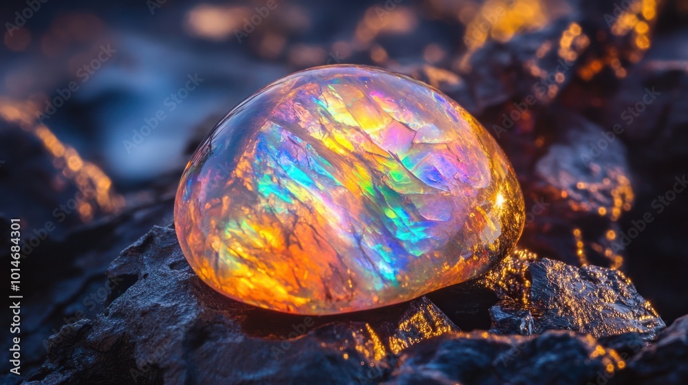Shimmering opal gemstone with iridescent colors shifting in the light, displaying vibrant patterns