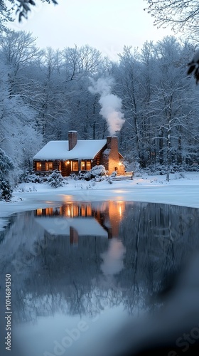 Wallpaper Mural A cozy cabin in the woods with a warm glow from the windows and smoke rising from the chimney on a snowy winter day. Torontodigital.ca