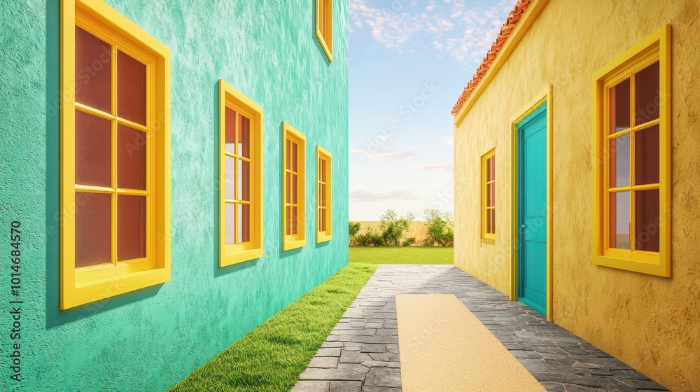 Contemporary abode with lemon window frames, a garnet terrace, and pistachio walls A tan path leads to a cerulean door, with a slate lawn under an apricot sky Contemporary abode with lemon window frames, a garnet terrace, and pistachio walls A tan path leads to a cerulean door, with a slate lawn under an apricot sky