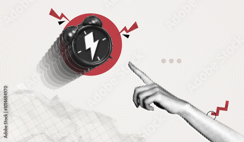 Trendy Halftone Collage Hand and Alarm Clock. Deadline and time management concept. Popart design poster. Magazine style. Alert notification. Contemporary art vector illustration