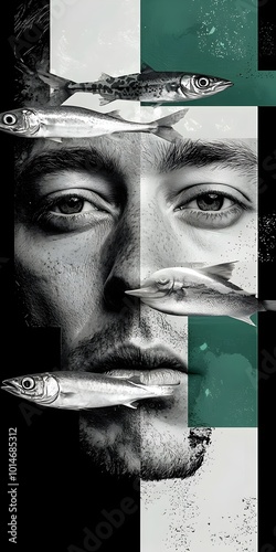 A man's face is surrounded by fish in this abstract digital art piece. The fish create a sense of being underwater, but the man's eyes are intense and focused.