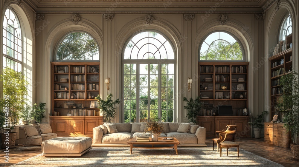 A spacious living room with large arched windows, wooden floors, and a plush sofa and armchair. The room is decorated with bookshelves filled with books and plants. A spacious living room with large arched windows, wooden floors, and a plush sofa and armchair. The room is decorated with bookshelves filled with books and plants.