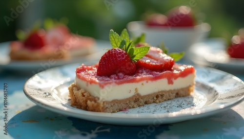 Strawberry cheesecake with fresh strawberries on a blue plate.