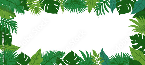 Tropical leaves frame. Summer jungle leaf border. Decorative botanical green foliage and plants for invitation, greeting card, banner. Cartoon native vector illustration