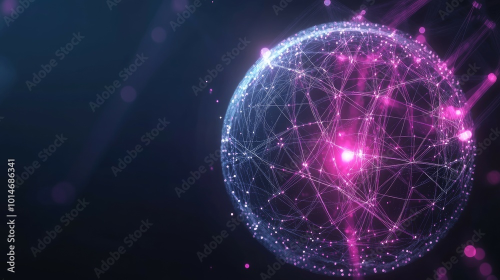 Obraz premium Abstract glowing sphere with interconnected lines and points on a dark blue background.
