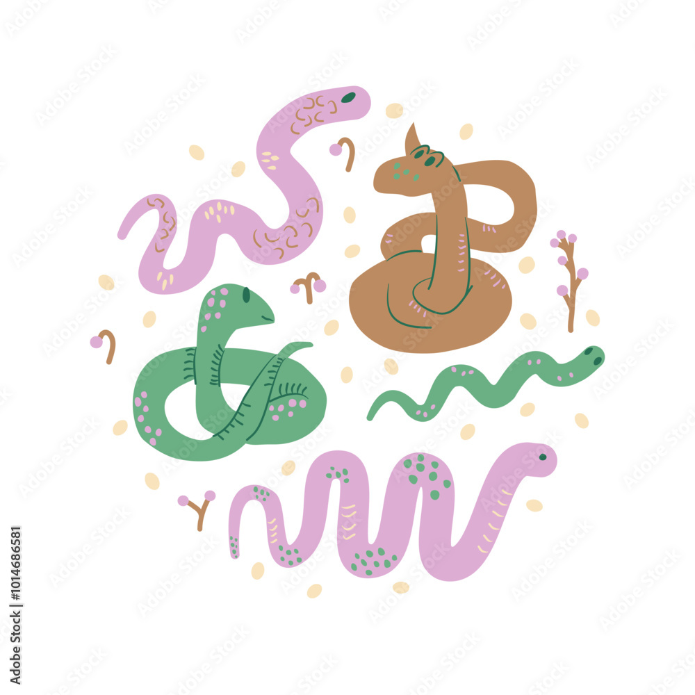 Obraz premium Chinese New Year snake circle emblem. Snakes round badge. Vector hand drawn illustration isolated on white background.