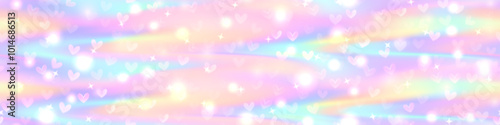Sweet pastel candy unicorn bg with hearts and sparkling stars as a seamless patern. Gradient mesh soft rainbow sky with overlay effects. Girly vector illustration