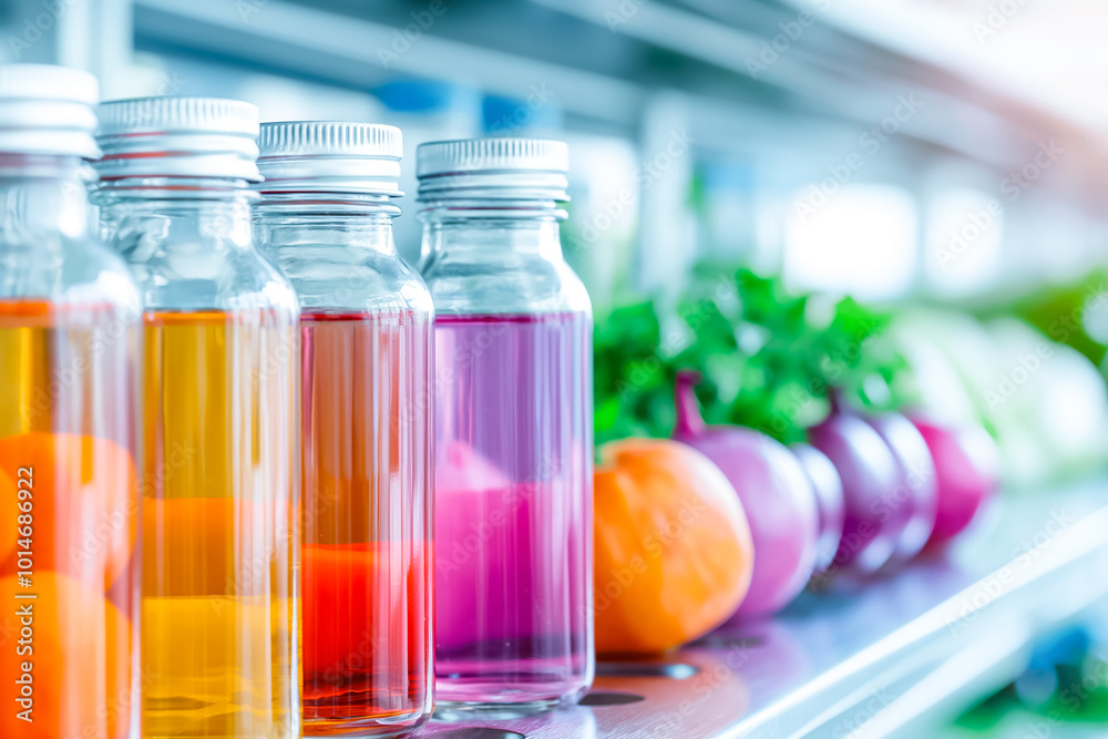 Several glass bottles filled with vibrant fruit juices are lined up on a shelf, complemented by colorful fresh fruits and vegetables in a well-lit environment Several glass bottles filled with vibrant fruit juices are lined up on a shelf, complemented by colorful fresh fruits and vegetables in a well-lit environment