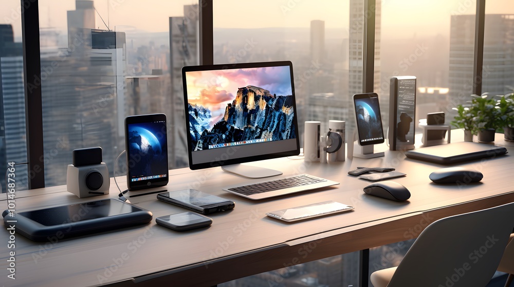 Naklejka premium Clean and Stylish Setup with Latest Tech Gadgets