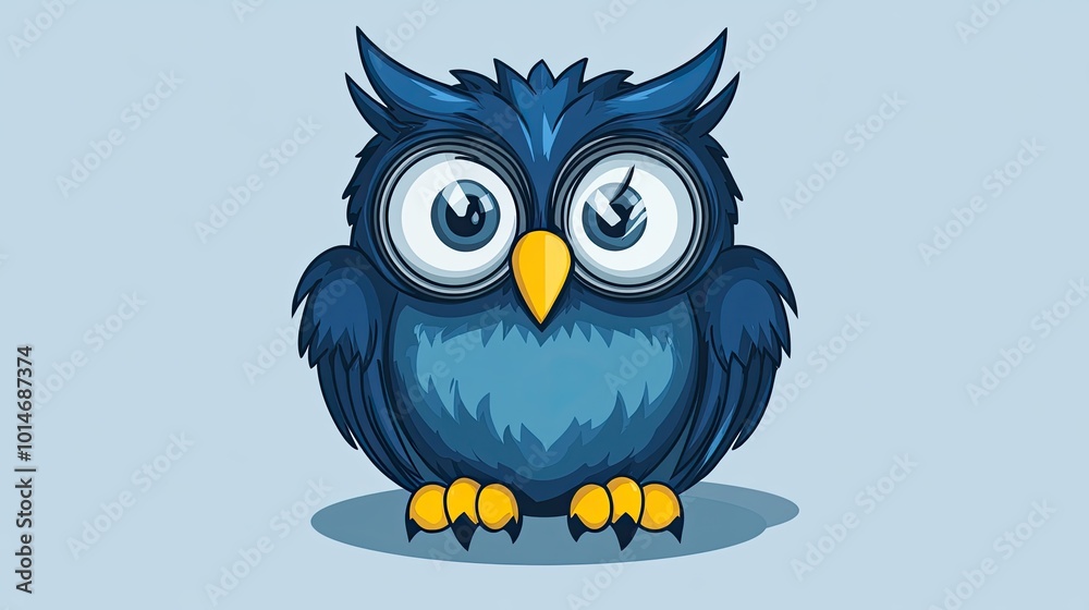 Naklejka premium Cartoon owl with large round eyes and yellow beak wearing glasses, on a light blue background.