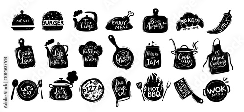 Kitchen lettering. Cooking food lettering, quotes silhouette sticker. Bakery label, cafe and shop menu element, dishes patch. Pizza, burger, wok vector elements set