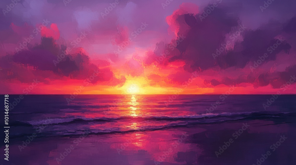 Obraz premium Sunset over the Pacific Ocean, with the sky painted in shades of pink, purple, and orange