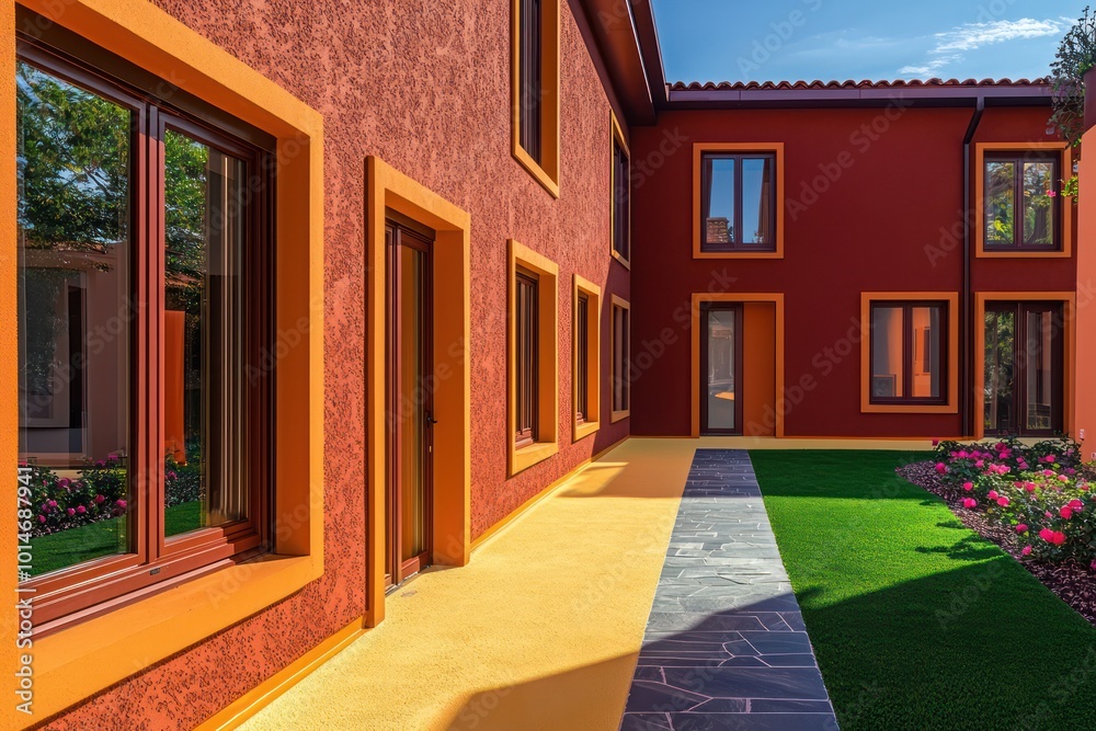 Contemporary dwelling with quartz window frames, a rose terrace, and amber walls The path is lemon, leading to a slate door, with a cerulean lawn under a garnet sky