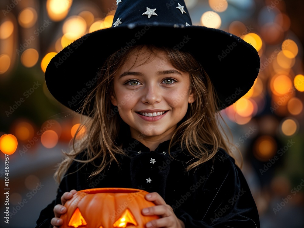 Adorable little girl in witch costume holding a pumpkin lantern while smiling on Halloween night
Adorable little girl in witch costume holding a pumpkin lantern while smiling on Halloween night