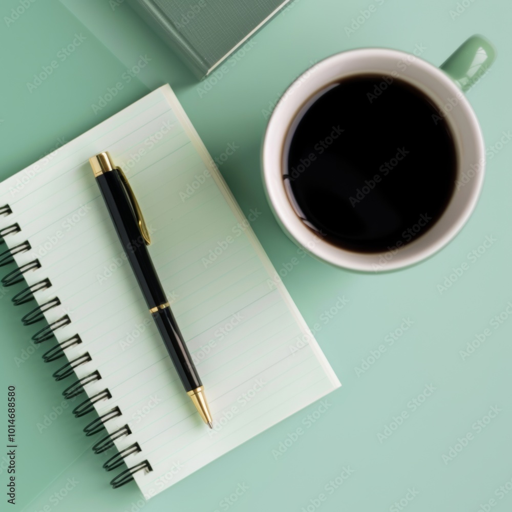 Flat lay of success strategy tools: notebook, pen, and coffee cup. Flat lay of success strategy tools: notebook, pen, and coffee cup.