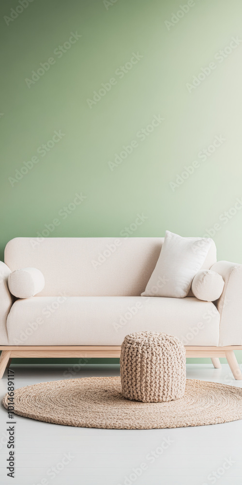 Cozy living room with a soft beige couch and a textured rug against a green wall Cozy living room with a soft beige couch and a textured rug against a green wall