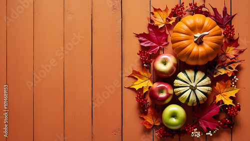 background with pumpkins on blue wooedn background with copy-space, autumn leaves, fall photo