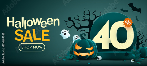 40 percents off. Halloween sale banner template. Podium and numbers with amount of discount. Special October offer.