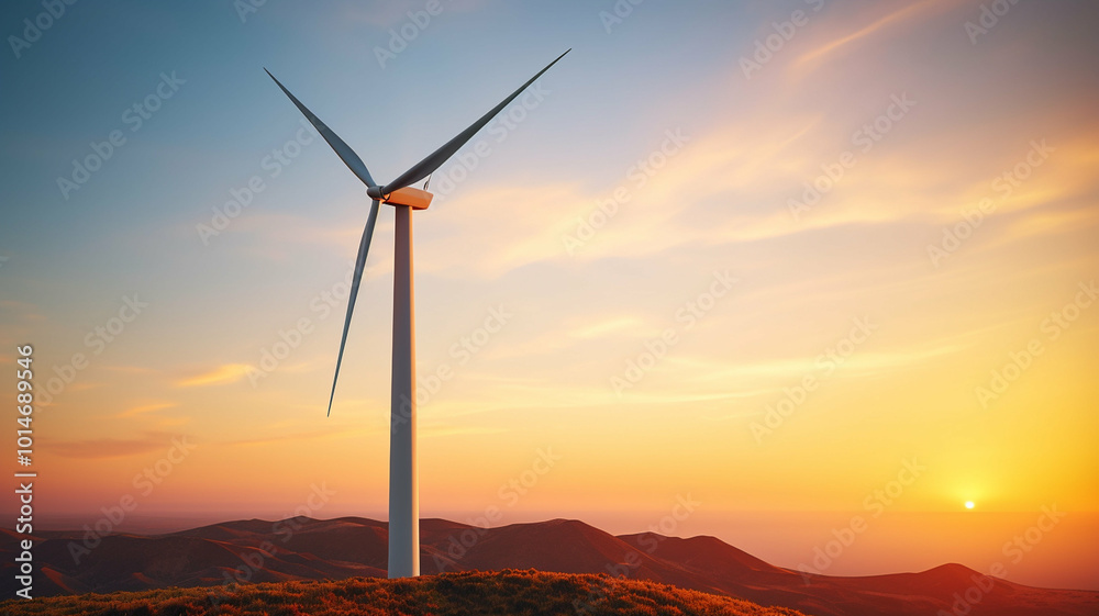 Obraz premium Wind turbine standing on a hill during a beautiful sunset, symbolizing renewable energy and sustainability in a serene natural landscape.