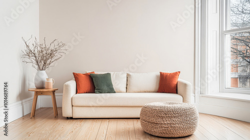 Cozy living room with a bright sofa, stylish pillows, and lots of natural light