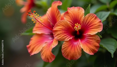 Bright red hibiscus flowers showcase intricate petals in flourishing garden. The lush greenery creates a vibrant backdrop for their beauty. Hibiscus is large genus of plants in Malvaceae family. AI