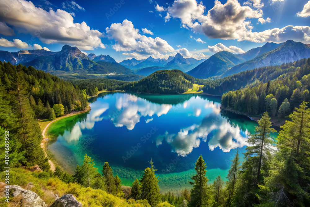 Obraz premium stunning panoramic view of serene lake surrounded by majestic mountains and lush forests, reflecting vibrant blue sky and fluffy clouds. tranquil atmosphere invites peace and relaxation