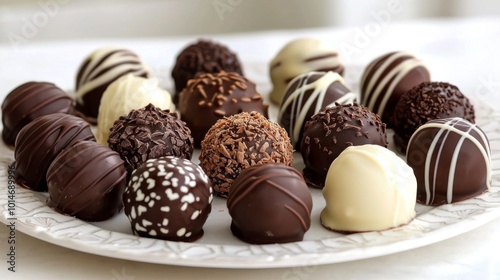 Assorted chocolate truffles beautifully arranged on a platter. Sweets, confectionery and treats