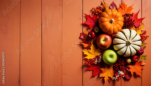 background with pumpkins on blue wooedn background with copy-space, autumn leaves, fall photo